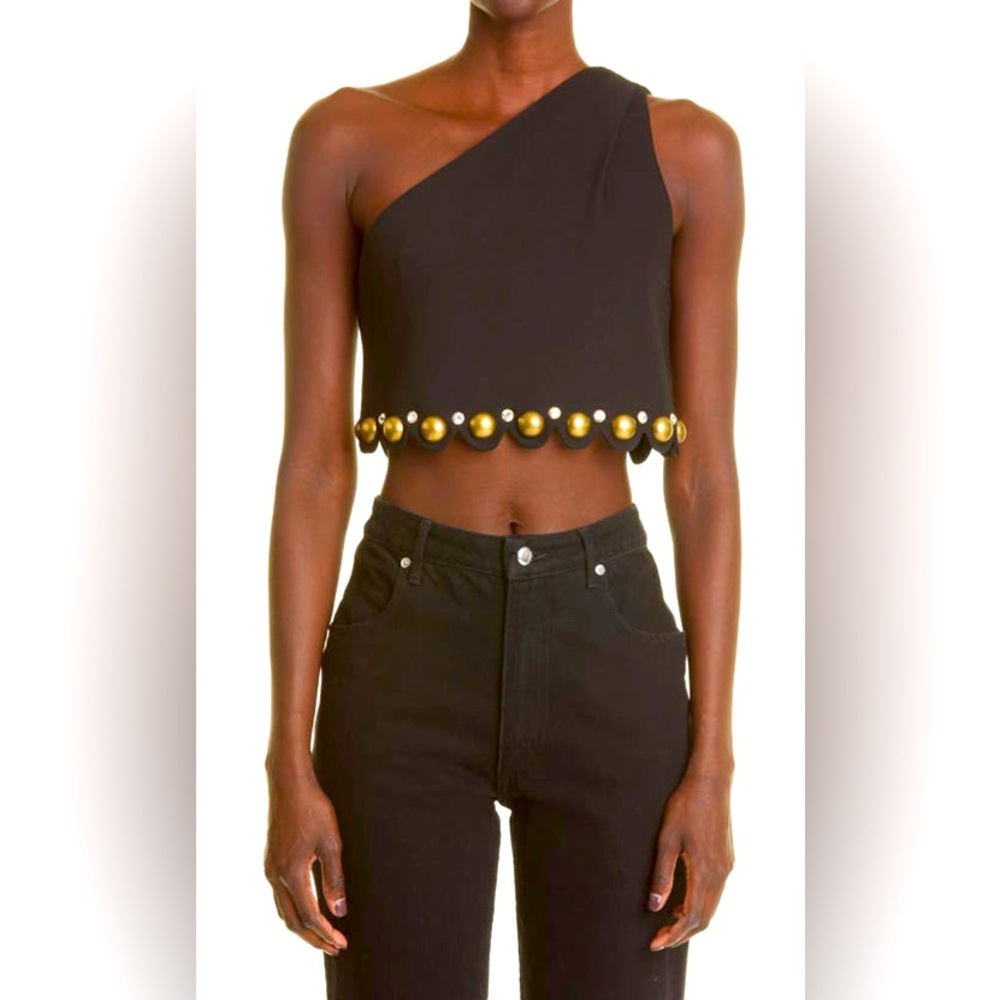 AREA Black One-Shoulder Crop Top with Gold Stud Trim